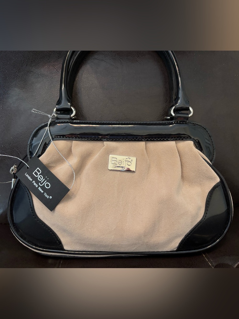 Beijo Black Patent Satchel with Beige Suede Lining